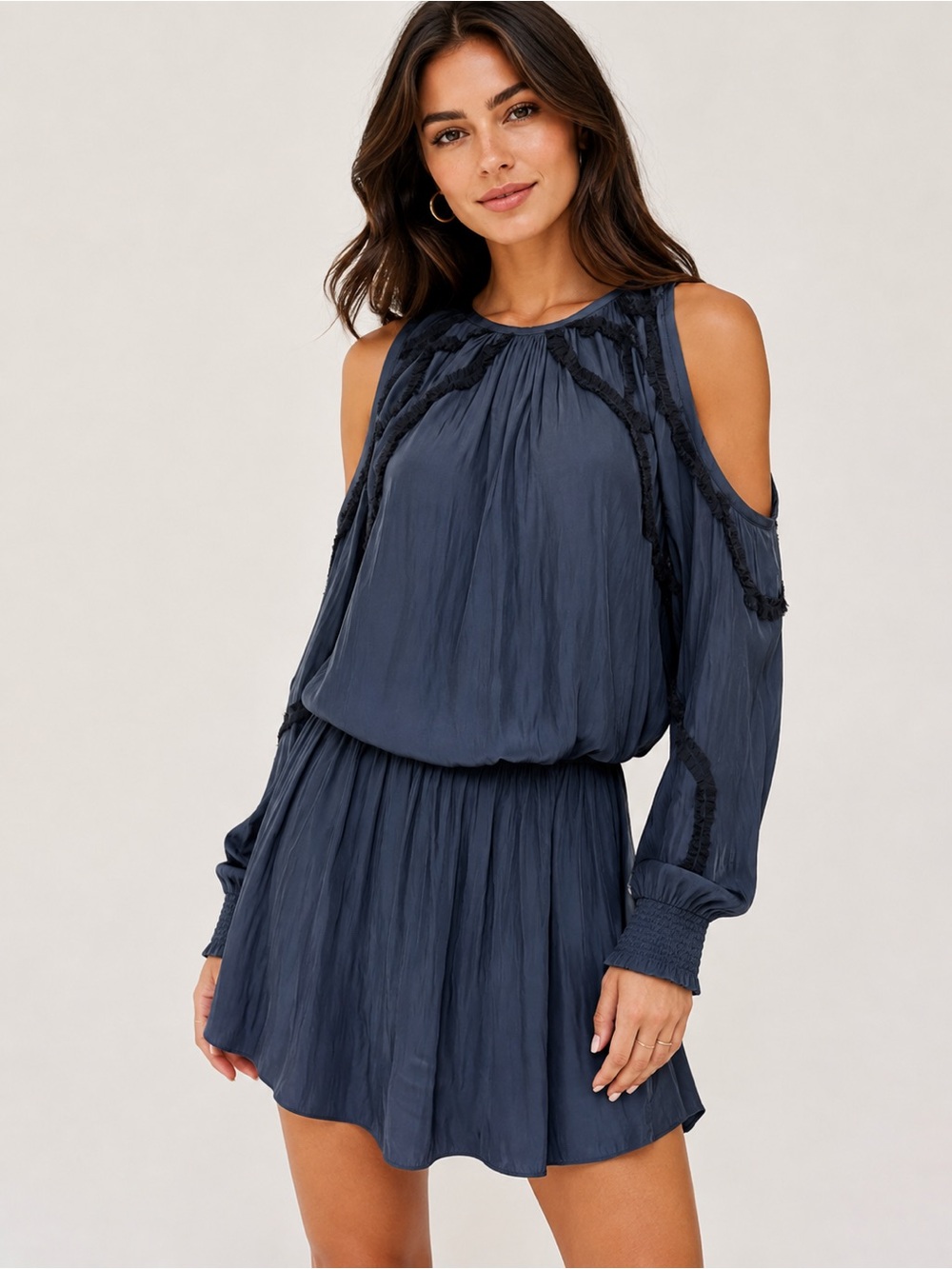 Ramy Brook Taima Mini Dress Womens Size XS Navy Blue Cold Shoulder Halter
